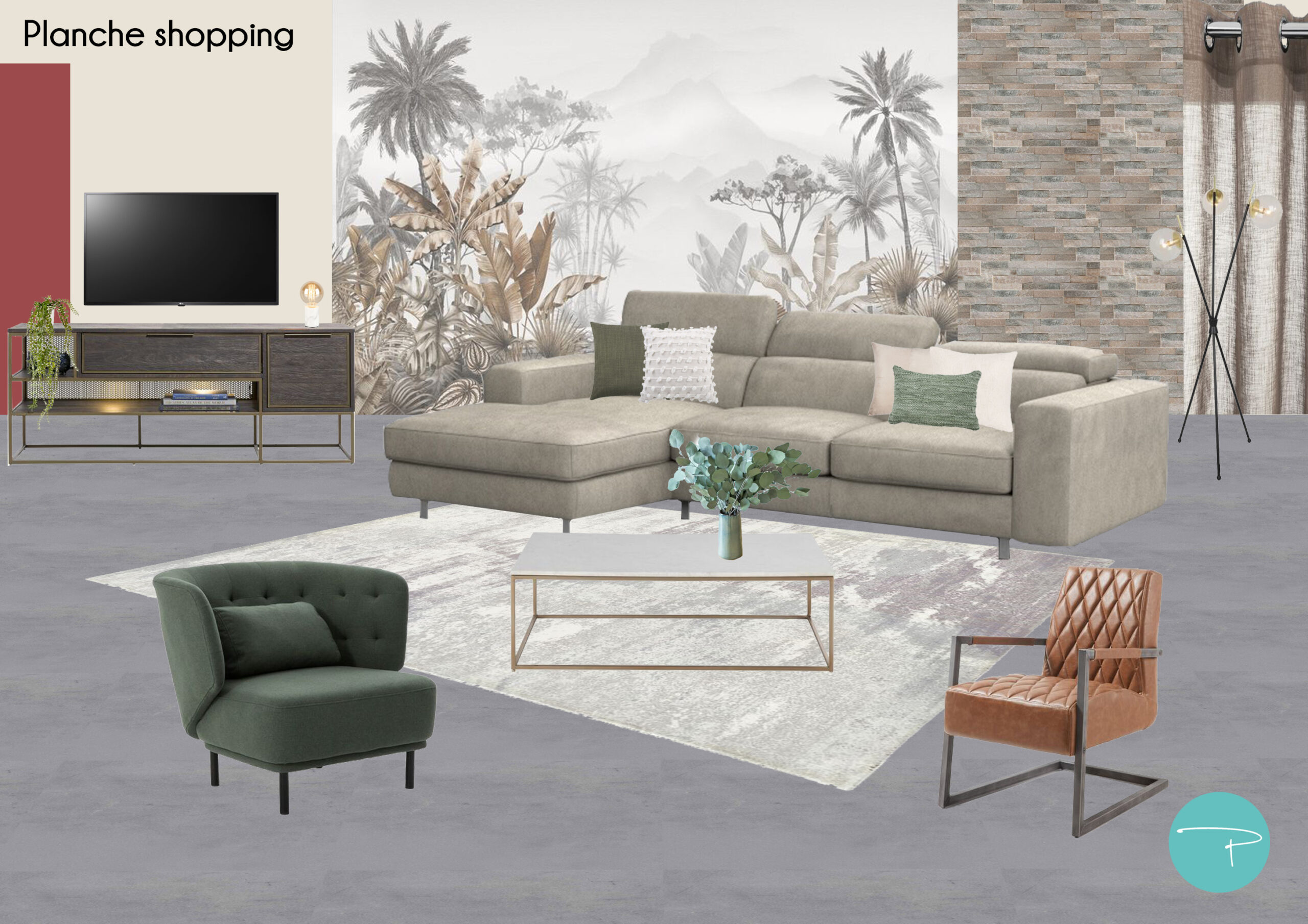 Planche shopping d'un salon avec papier peint végétal paysage gris et beige, table basse rectangulaire dorée et marbre blanc, fauteuil capitonné vert kaki et fauteuil cuir marron