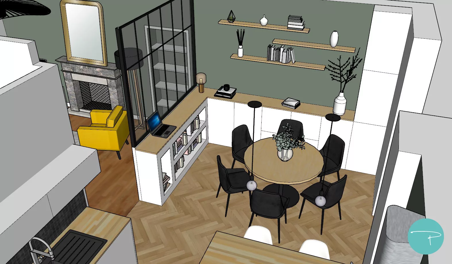 Aménagement et agencement d'une salle à manger avec meuble sur mesure, étagères murales, verrière