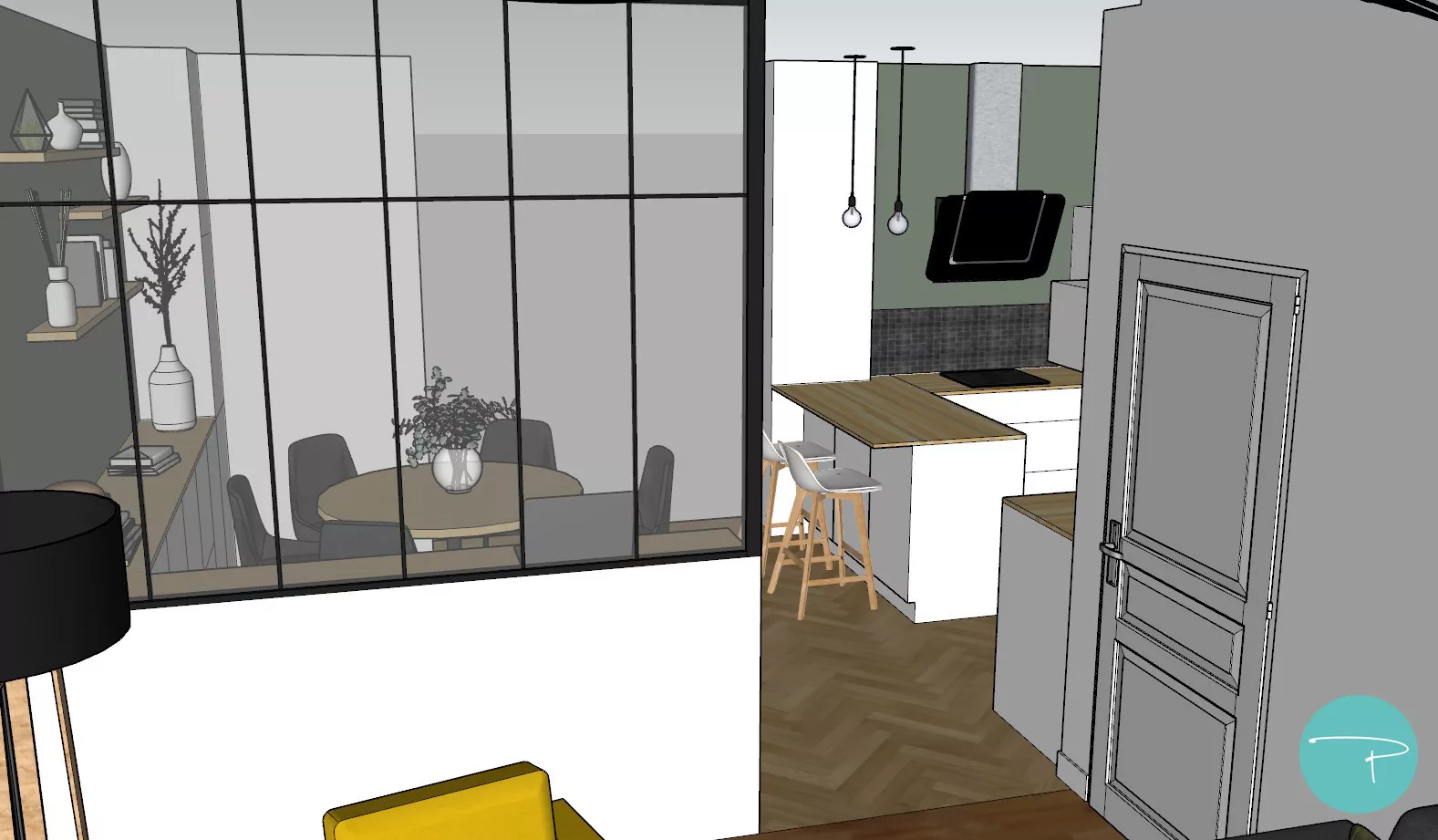 Aménagement et agencement d'une salle à manger avec meuble sur mesure, étagères murales, verrière