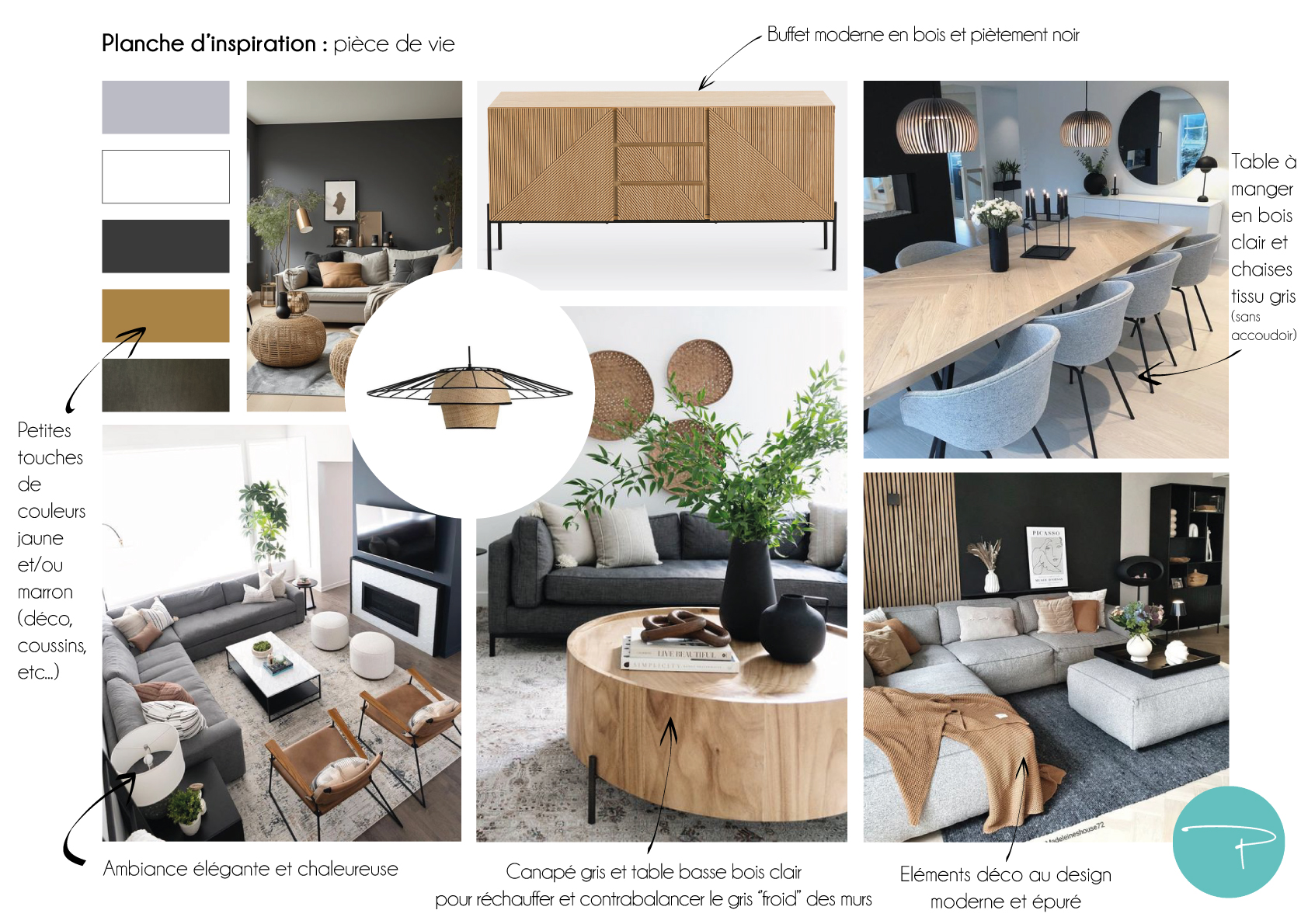 Coaching déco Vitré 35500, planche shopping salon et salle à manger style moderne épuré, mobilier bois, fauteuil jaune, canapé beige, suspensions bambou, style moderne, carrelage gris anthracite, murs gris, table bois pieds métal