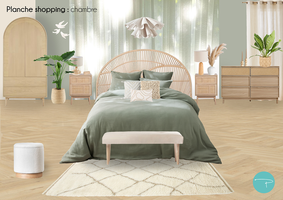 Planche shopping d'une chambre en vert sauge, papier peint panoramique vert et lumineux, tête de lit rotin, parure de draps vert sauge, armoire bois en arche