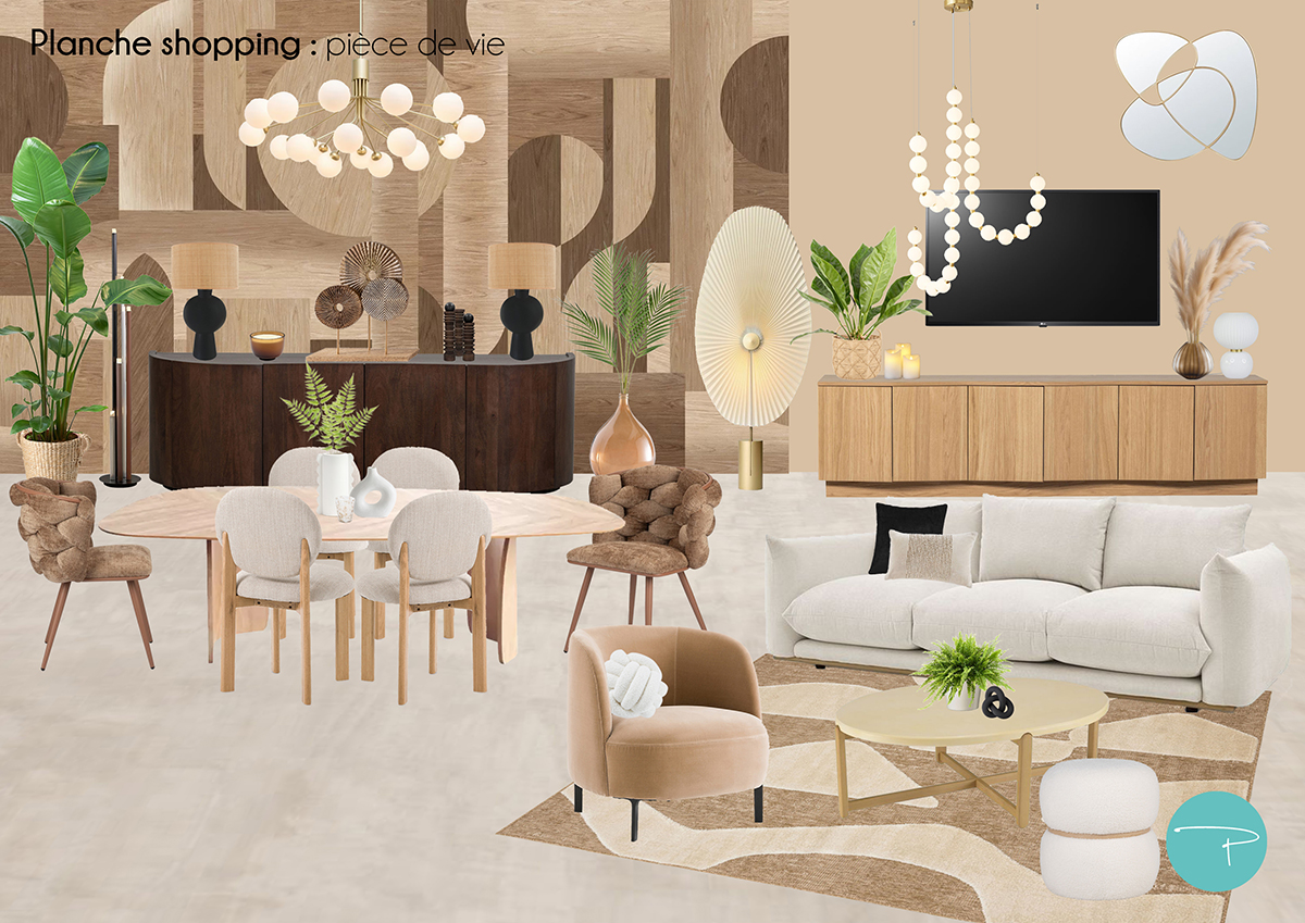 Planche shopping pièce de vie chic et élégante, salon et salle à manger avec papier peint panoramique style marquetterie de bois, meubles en bois, chaises velours marron, suspension globes verre, canapé tissu beige moderne et sobre