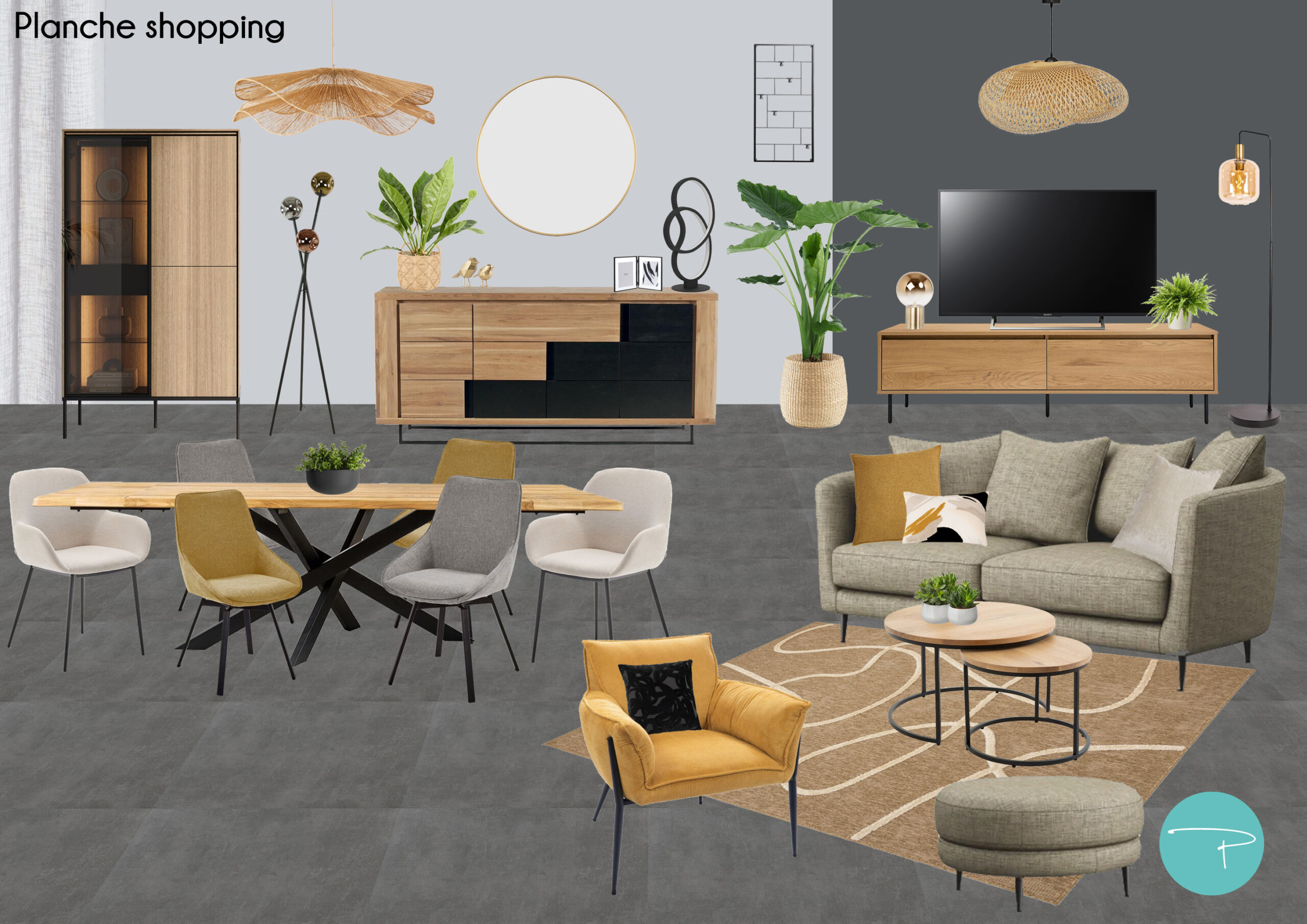 Coaching déco Vitré 35500, planche shopping salon et salle à manger style moderne épuré, mobilier bois, fauteuil jaune, canapé beige, suspensions bambou, style moderne, carrelage gris anthracite, murs gris, table bois pieds métal