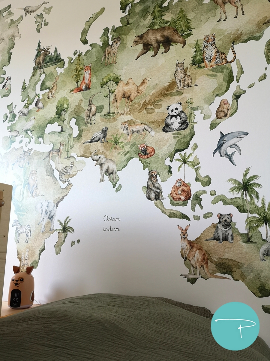 Chambre d’enfant décorée à Vitré autour d’une mappemonde panoramique illustrée. Une ambiance douce, naturelle et ludique, avec du mobilier en bois clair, des rangements pratiques et un univers inspiré du voyage, pensé pour stimuler l’imaginaire tout en conservant une pièce lumineuse et évolutive.