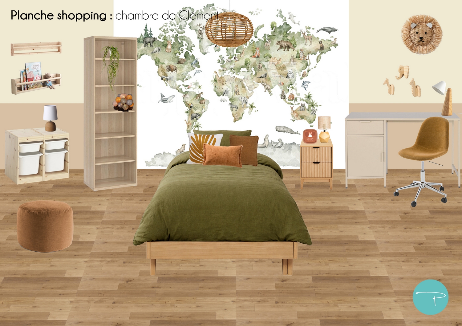 Planche shopping pour une chambre d’enfant décorée à Vitré autour d’une mappemonde panoramique illustrée. Une ambiance douce, naturelle et ludique, avec du mobilier en bois clair, des rangements pratiques et un univers inspiré du voyage, pensé pour stimuler l’imaginaire tout en conservant une pièce lumineuse et évolutive.