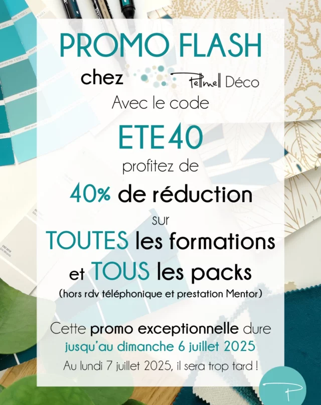 Hello !

Jusqu'au dimanche 6 juillet 2025 (23h59 (très précisément !)), vous avez droit à 40% de réduction sur TOUTES les formations et TOUS les packs de formations (hors prestation de rendez-vous téléphonique et prestation Mentor)

avec le code ETE40

Cela vaut le coup surtout pour les packs qui sont, de base, à des tarifs préférentiels 😉

Vous retrouverez tout le catalogue des formations et des packs sur https://www.pellmelldeco.com/formations/

Si vous avez des questions sur les formations ou les packs de formations, n'hésitez pas à me contacter à contact@pellmelldeco.com ou en message privé via mon Instagram : Pellmelldeco

Je me ferais un plaisir de vous répondre !

Pour rappel, les différentes formations et packs sont :
Formation n°1 : Se lancer dans la décoration d'intérieur en micro-entreprise - De la création à la gestion au quotidien

Formation n°2 : Le rendez-vous client en décoration d'intérieur

Formation n°3 : Les clés pour créer une identité visuelle authentique en décoration d'intérieur

Formation n°4 : Trouver des clients en décoration d'intérieur

Formation n°5 : Les backstages - Toute la pratique du métier de décoratrice d'intérieur

Formation n°6 : Le photomontage pour les projets clients en décoration d'intérieur

Formation n°7 : Débuter sur SketchUp pour concevoir vos projets 3D en décoration d'intérieur

PACK DEMARRAGE - 3 formations : Se lancer à son compte en décoration d'intérieur en toute sérénité (comprend les formations n°1 + n° 2 + n°3)

PACK LANCEMENT - 4 formations : Démarrer son activité en décoration d'intérieur sereinement (comprend les formations n°1 + n° 2 + n°3 + n°4)

PACK ESSENTIEL - 5 formations : Passer à l'action pour bien débuter votre activité en décoration d'intérieur (comprend les formations n°1 + n° 2 + n°3 + n°4 + n°6)

Ne tardez pas pour en profiter car je vous rappelle que lundi 7 juillet 2025 à minuit, il sera trop tard !
